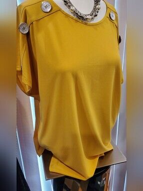 Women's Mustard Yellow Short Sleeve Top with Decorative Buttons